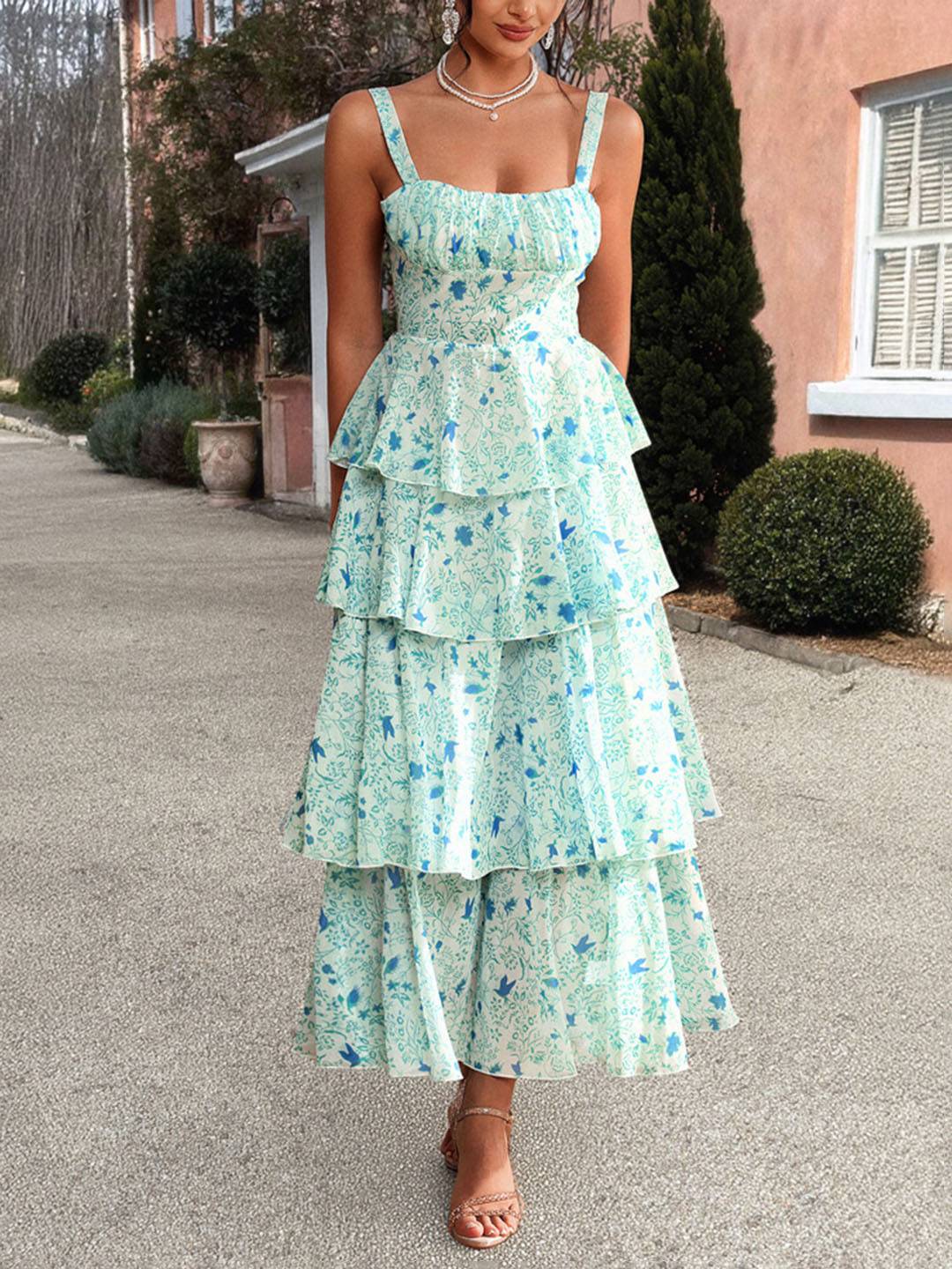 Cocolii robe longue imprimé à fleurie mousseline à volantée à fines brides femme élégant décontracté bal de promo plage