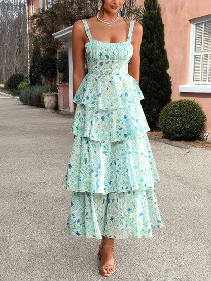 Cocolii robe longue imprimé à fleurie mousseline à volantée à fines brides femme élégant décontracté bal de promo plage