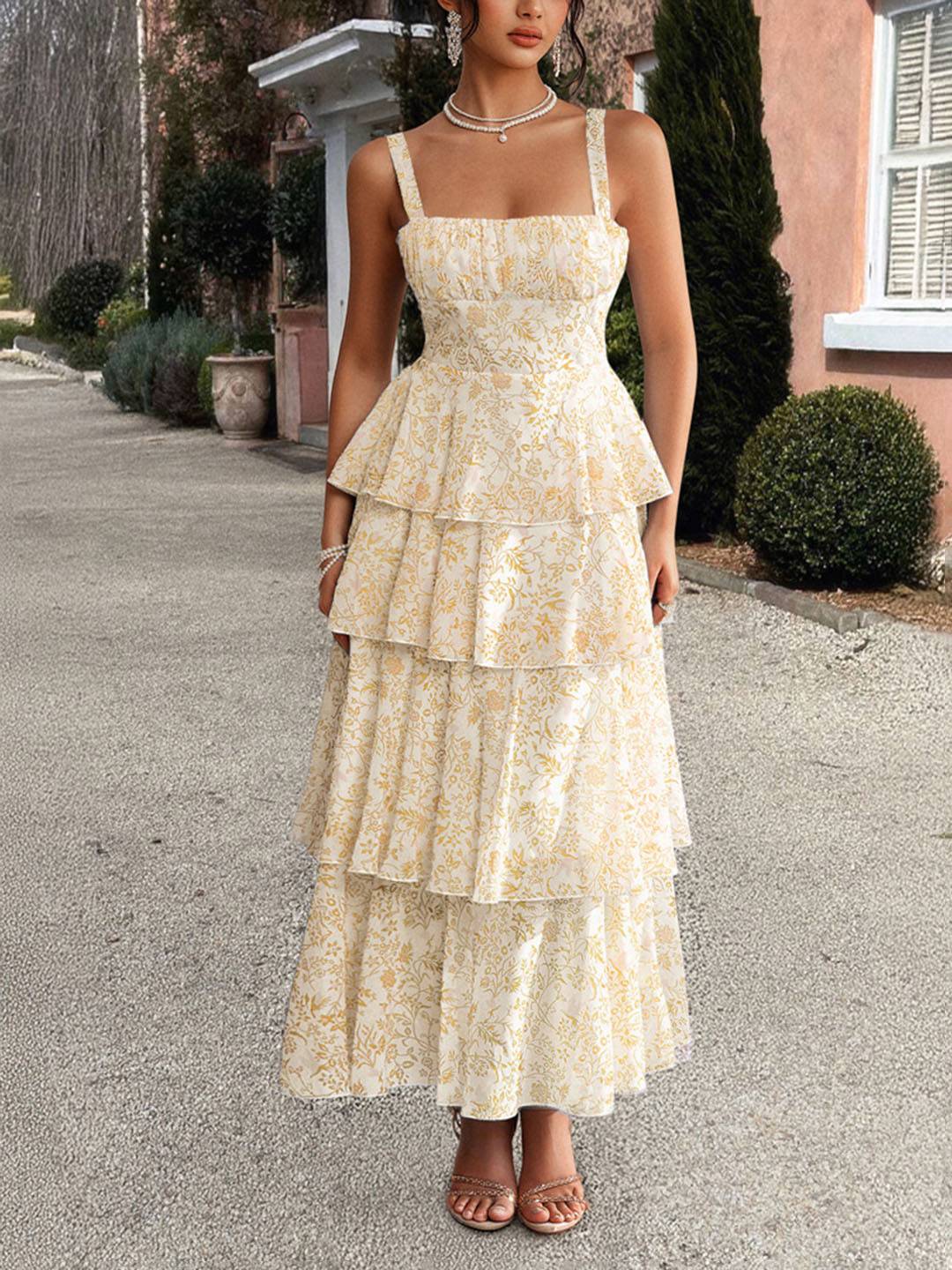 Cocolii robe longue imprimé à fleurie mousseline à volantée à fines brides femme élégant décontracté bal de promo plage