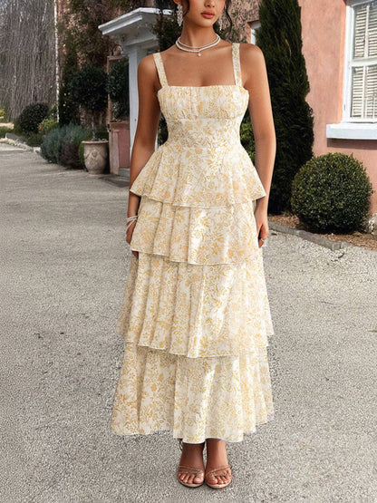 Cocolii robe longue imprimé à fleurie mousseline à volantée à fines brides femme élégant décontracté bal de promo plage