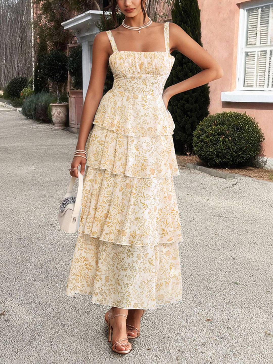 Cocolii robe longue imprimé à fleurie mousseline à volantée à fines brides femme élégant décontracté bal de promo plage