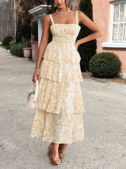 Cocolii robe longue imprimé à fleurie mousseline à volantée à fines brides femme élégant décontracté bal de promo plage