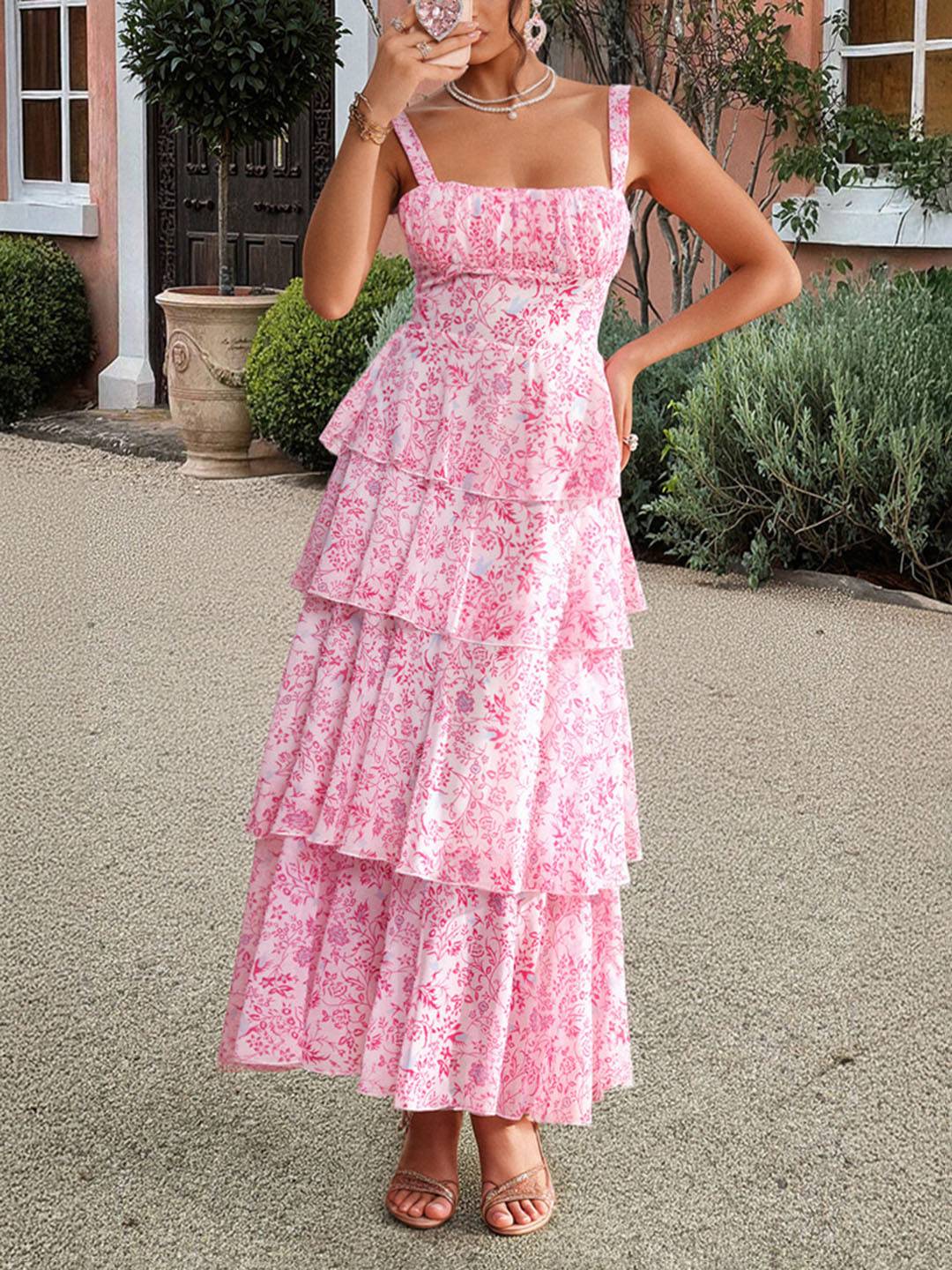 Cocolii robe longue imprimé à fleurie mousseline à volantée à fines brides femme élégant décontracté bal de promo plage