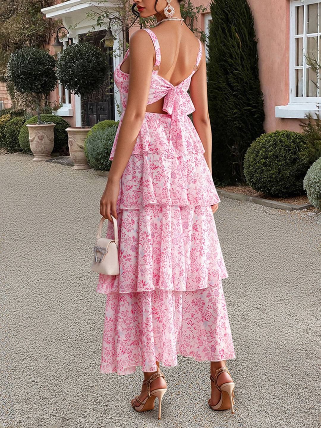 Cocolii robe longue imprimé à fleurie mousseline à volantée à fines brides femme élégant décontracté bal de promo plage