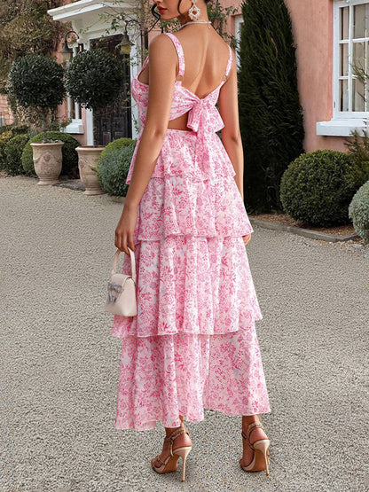 Cocolii robe longue imprimé à fleurie mousseline à volantée à fines brides femme élégant décontracté bal de promo plage