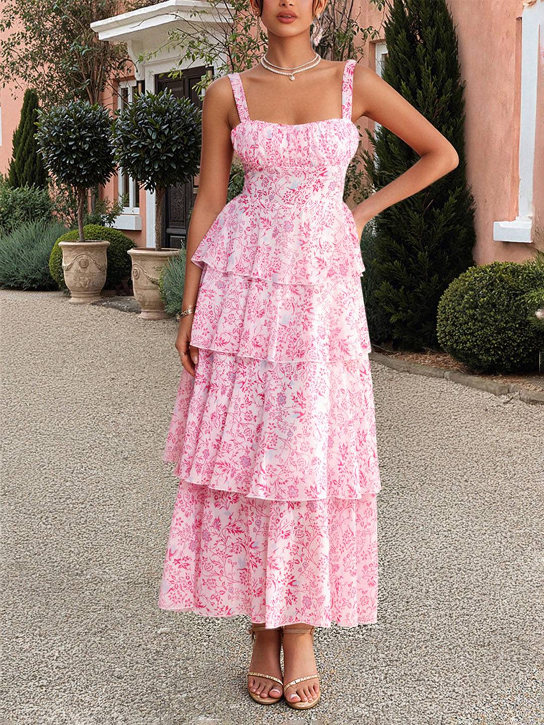 Cocolii robe longue imprimé à fleurie mousseline à volantée à fines brides femme élégant décontracté bal de promo plage