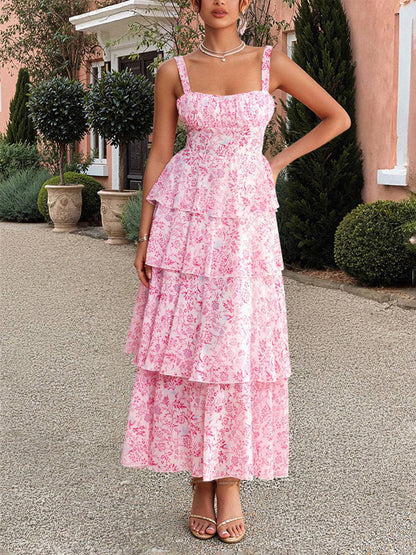 Cocolii robe longue imprimé à fleurie mousseline à volantée à fines brides femme élégant décontracté bal de promo plage