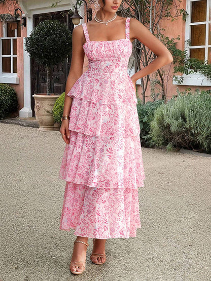 Cocolii robe longue imprimé à fleurie mousseline à volantée à fines brides femme élégant décontracté bal de promo plage