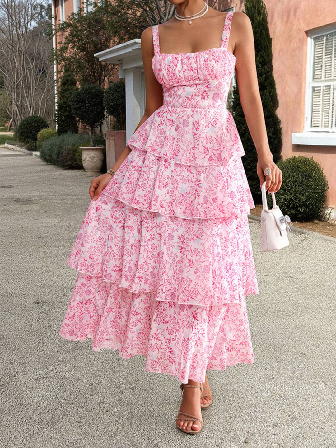 Cocolii robe longue imprimé à fleurie mousseline à volantée à fines brides femme élégant décontracté bal de promo plage