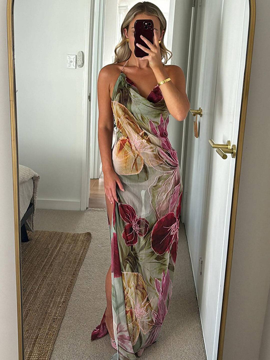 Cocolii robe longue d'été moulante imprimé à fleurie fendu dos nu licou bénitier sans manches décontracté vintage de plage