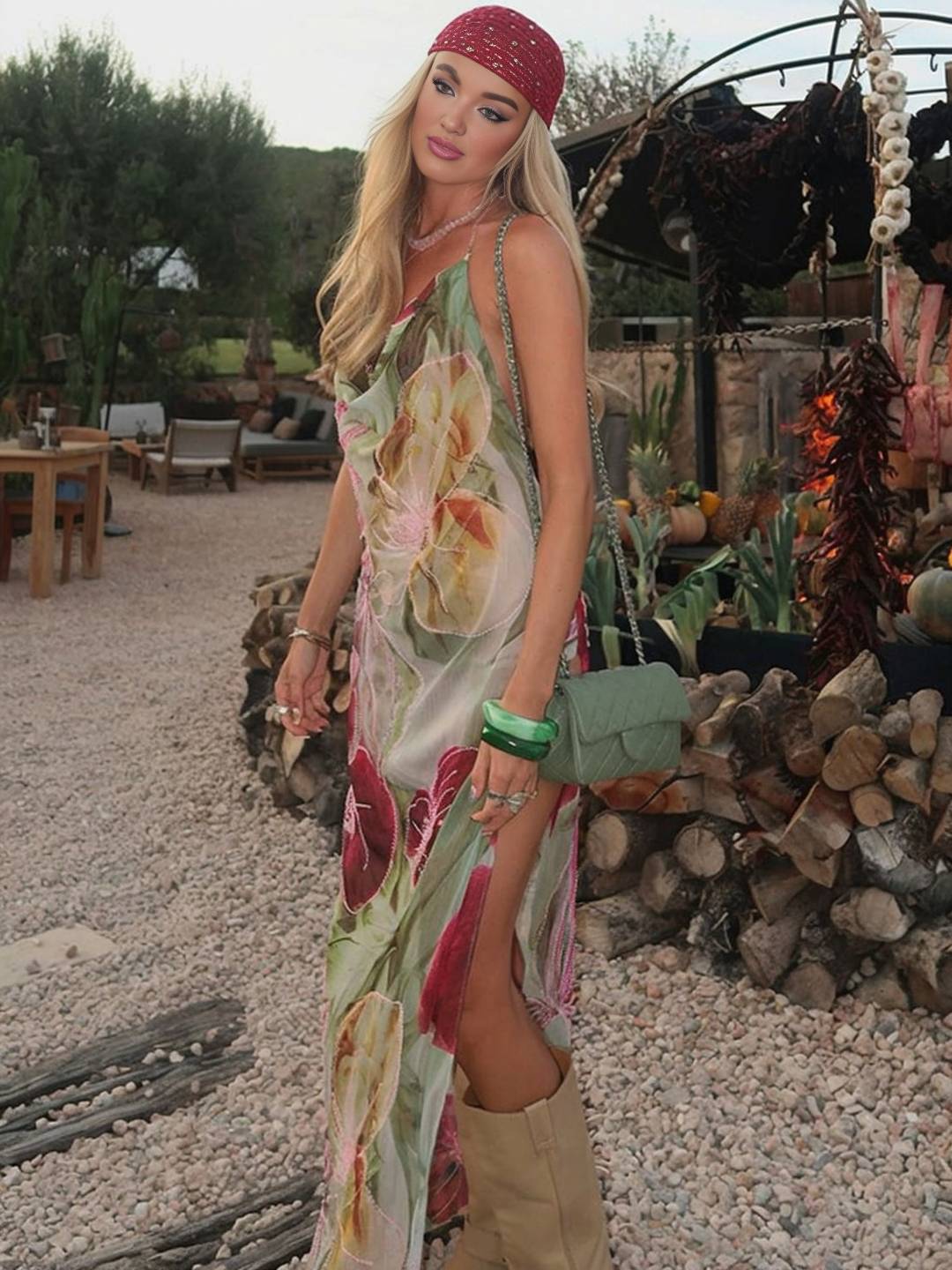 Cocolii robe longue d'été moulante imprimé à fleurie fendu dos nu licou bénitier sans manches décontracté vintage de plage