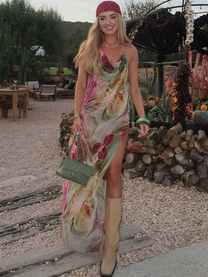 Cocolii robe longue d'été moulante imprimé à fleurie fendu dos nu licou bénitier sans manches décontracté vintage de plage