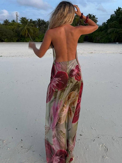 Cocolii robe longue d'été moulante imprimé à fleurie fendu dos nu licou bénitier sans manches décontracté vintage de plage