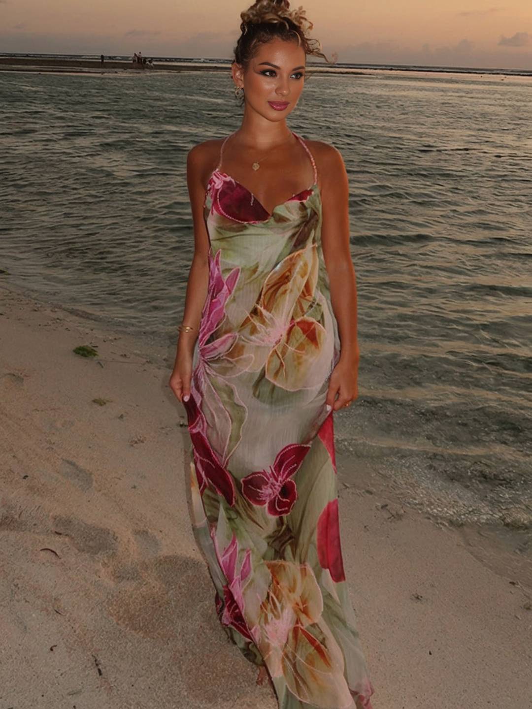 Cocolii robe longue d'été moulante imprimé à fleurie fendu dos nu licou bénitier sans manches décontracté vintage de plage