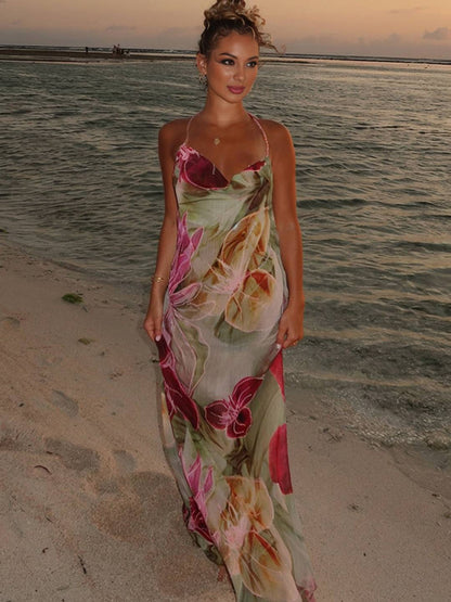 Cocolii robe longue d'été moulante imprimé à fleurie fendu dos nu licou bénitier sans manches décontracté vintage de plage