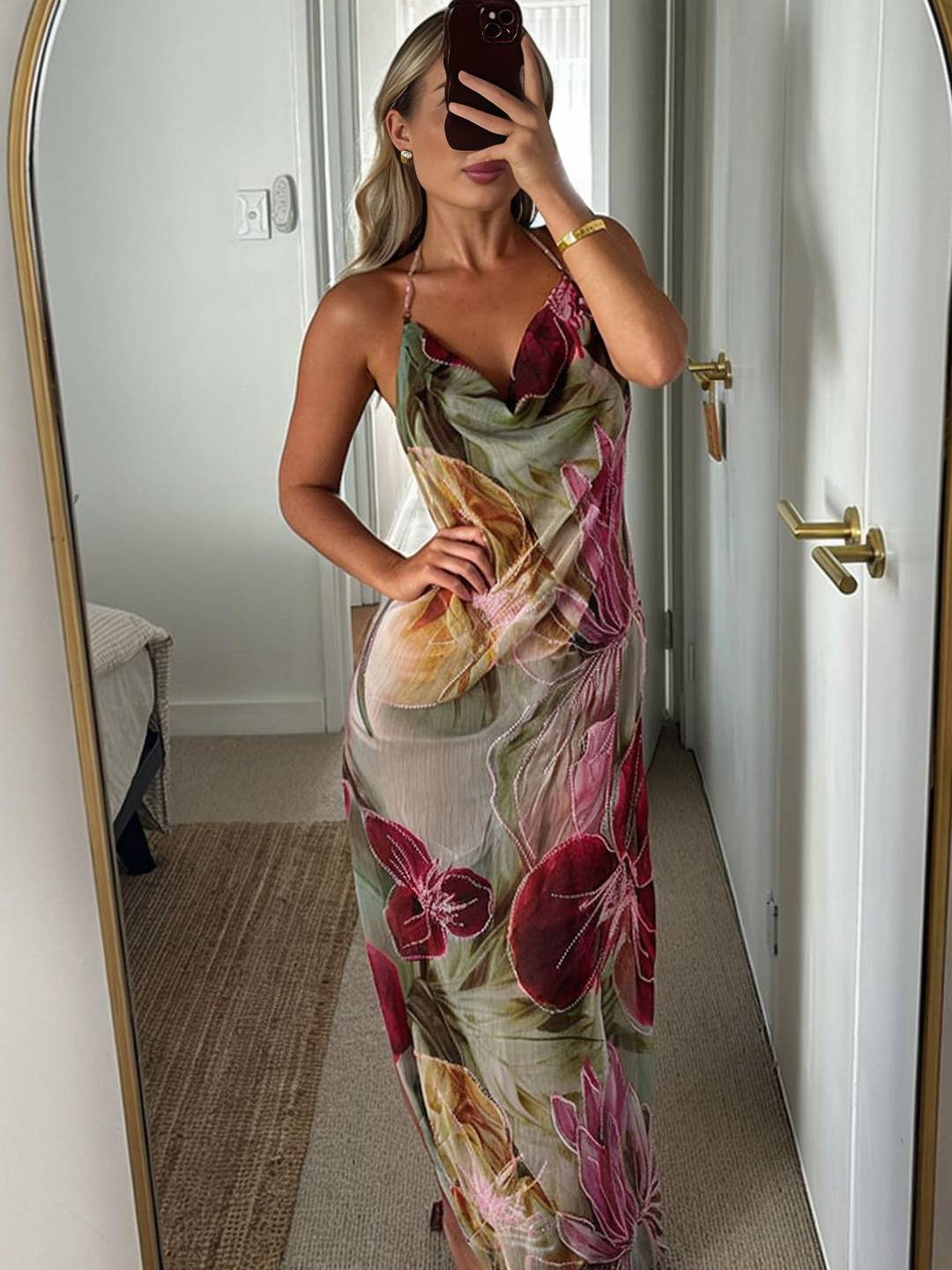 Cocolii robe longue d'été moulante imprimé à fleurie fendu dos nu licou bénitier sans manches décontracté vintage de plage