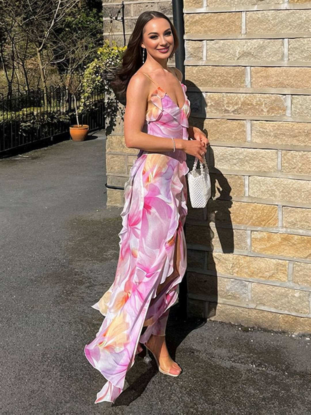 Cocolii robe longue pastel imprimé à fleurie fluide et volantée fendue sur la jambe idéale pour un été chic et décontracté