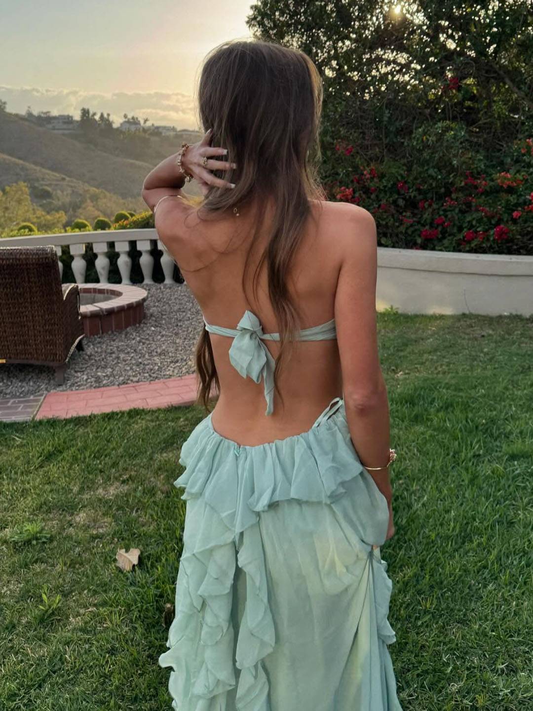 Cocolii longue robe mousseline bustier irrégulière fleurie fendu à volantée dos nu sans manches décontracté boho de plage