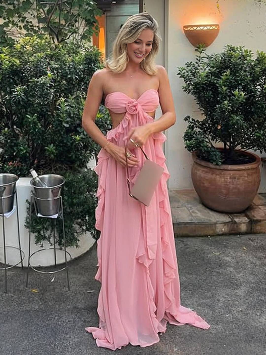 Cocolii longue robe mousseline bustier irrégulière fleurie fendu à volantée dos nu sans manches décontracté boho de plage