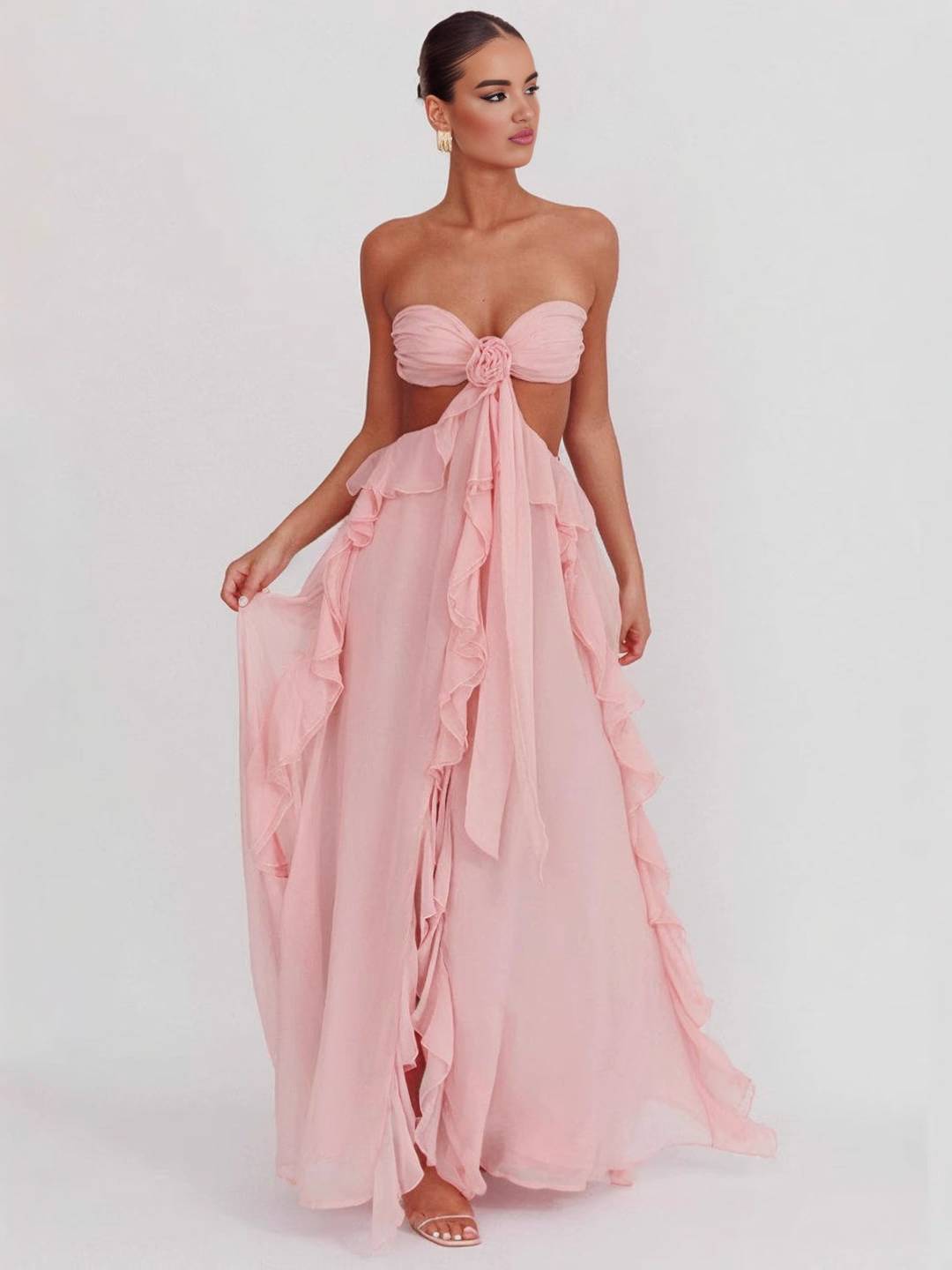 Cocolii longue robe mousseline bustier irrégulière fleurie fendu à volantée dos nu sans manches décontracté boho de plage