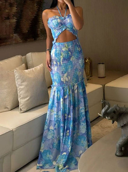 Cocolii robe longue imprimé à fleurie découpes moulante sirene bustier dos nu licou sans manches casual décontracté de plage