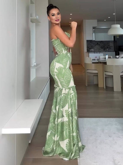 Cocolii robe longue imprimé à fleurie découpes moulante sirene bustier dos nu licou sans manches casual décontracté de plage