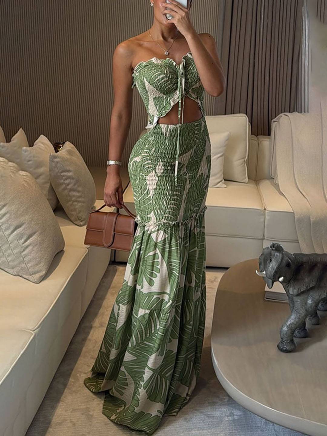 Cocolii robe longue imprimé à fleurie découpes moulante sirene bustier dos nu licou sans manches casual décontracté de plage