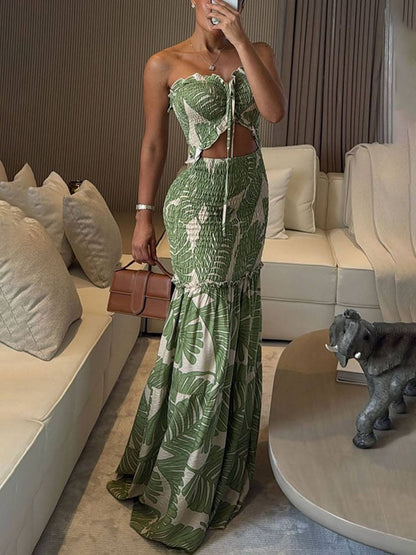 Cocolii robe longue imprimé à fleurie découpes moulante sirene bustier dos nu licou sans manches casual décontracté de plage