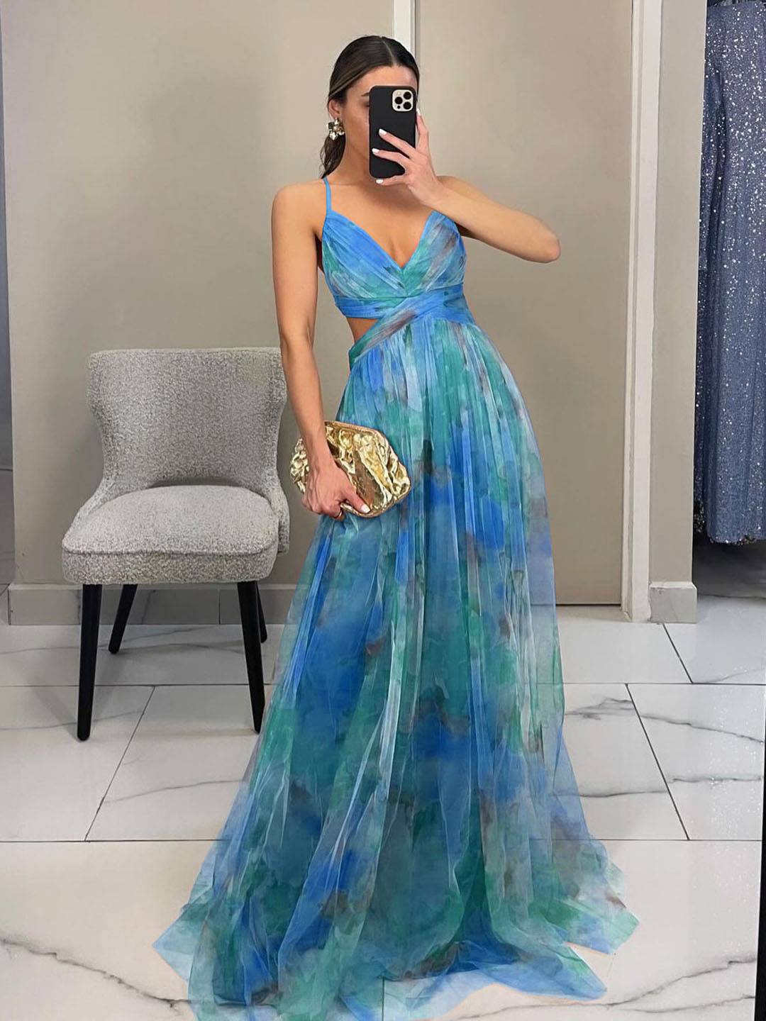 Cocolii robe longue tulle imprimé à fleurie v-cou découpes cross dos nu à fines brides sans manches élégant décontracté de plage