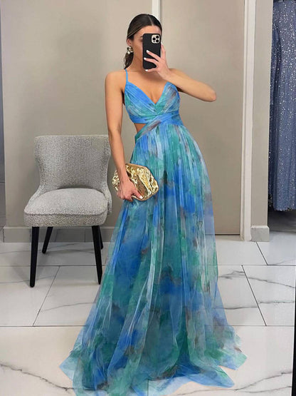 Cocolii robe longue tulle imprimé à fleurie v-cou découpes cross dos nu à fines brides sans manches élégant décontracté de plage