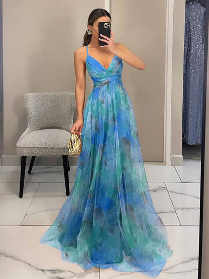 Cocolii robe longue tulle imprimé à fleurie v-cou découpes cross dos nu à fines brides sans manches élégant décontracté de plage