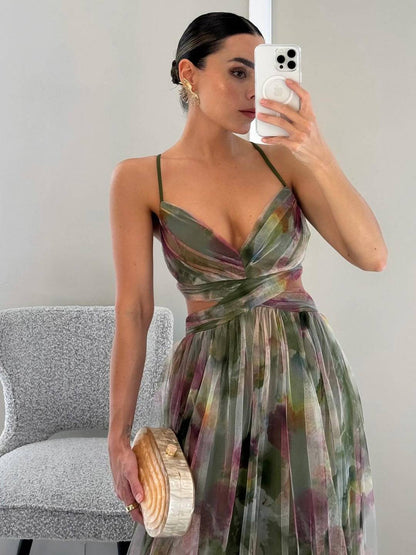 Cocolii robe longue tulle imprimé à fleurie v-cou découpes cross dos nu à fines brides sans manches élégant décontracté de plage