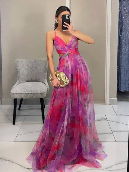 Cocolii robe longue tulle imprimé à fleurie v-cou découpes cross dos nu à fines brides sans manches élégant décontracté de plage