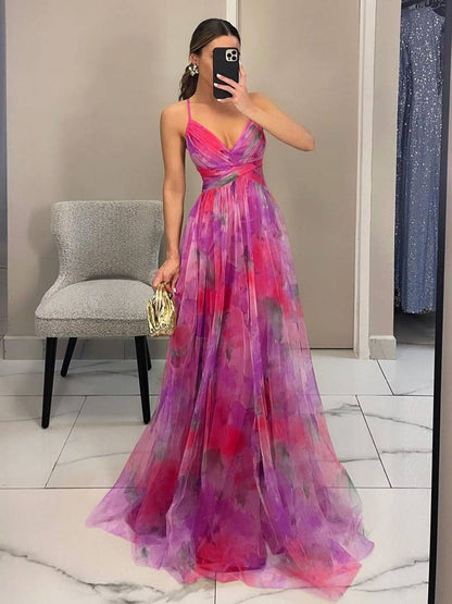 Cocolii robe longue tulle imprimé à fleurie v-cou découpes cross dos nu à fines brides sans manches élégant décontracté de plage