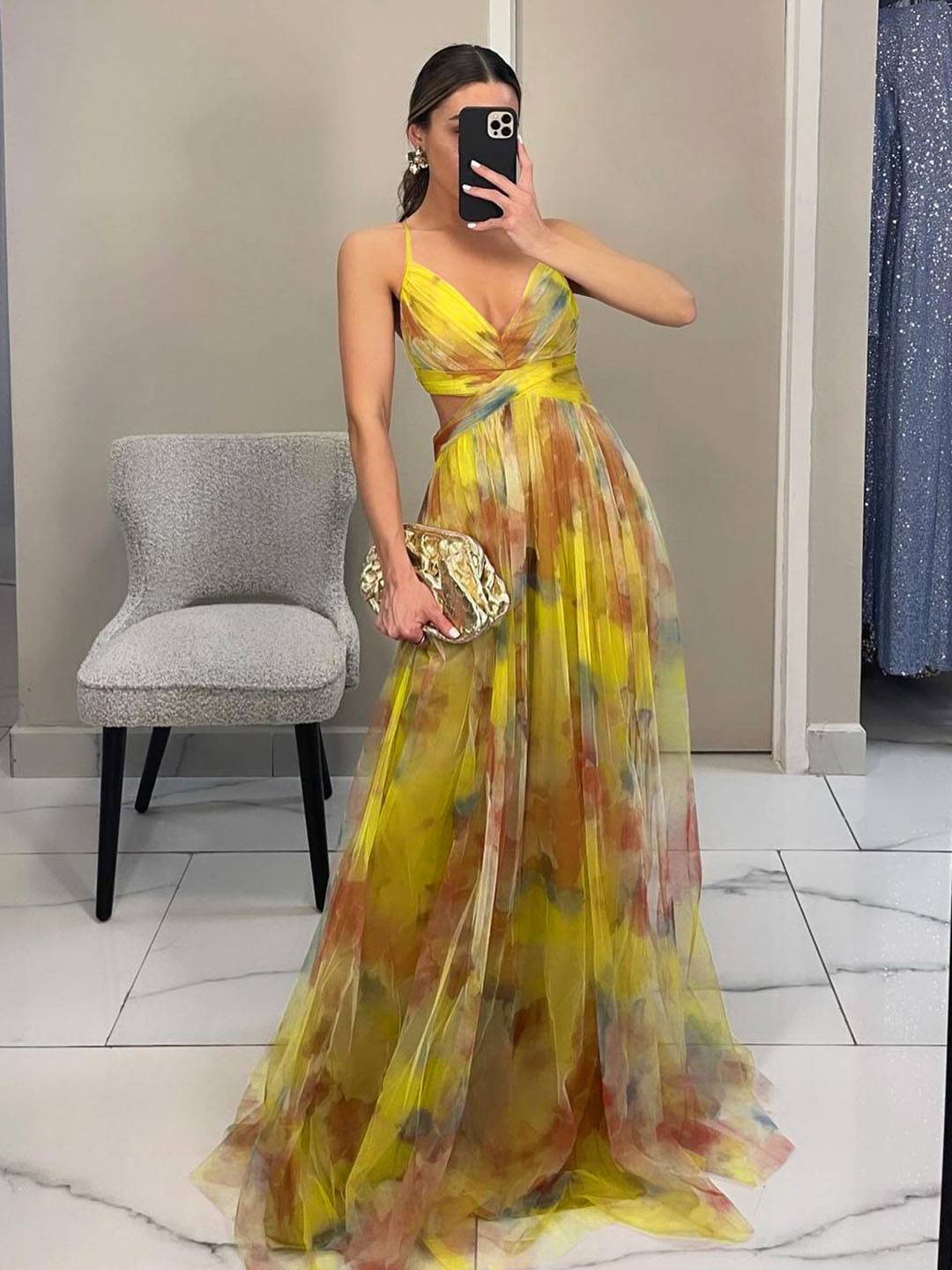 Cocolii robe longue tulle imprimé à fleurie v-cou découpes cross dos nu à fines brides sans manches élégant décontracté de plage