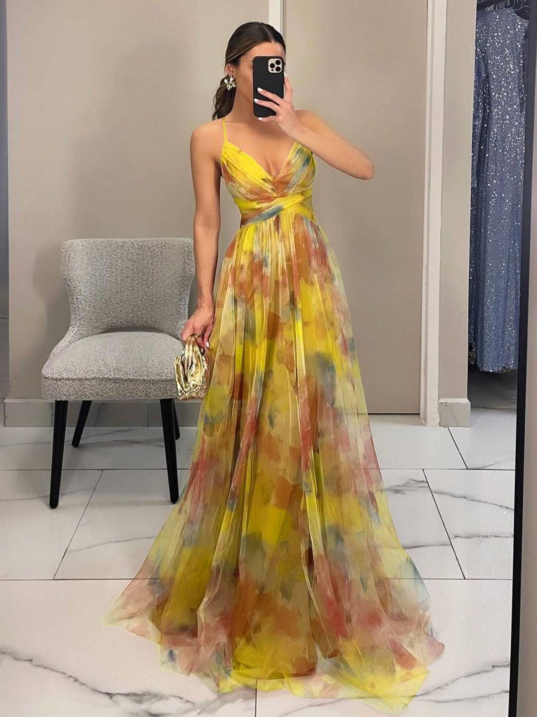 Cocolii robe longue tulle imprimé à fleurie v-cou découpes cross dos nu à fines brides sans manches élégant décontracté de plage