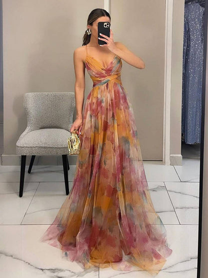 Cocolii robe longue tulle imprimé à fleurie v-cou découpes cross dos nu à fines brides sans manches élégant décontracté de plage