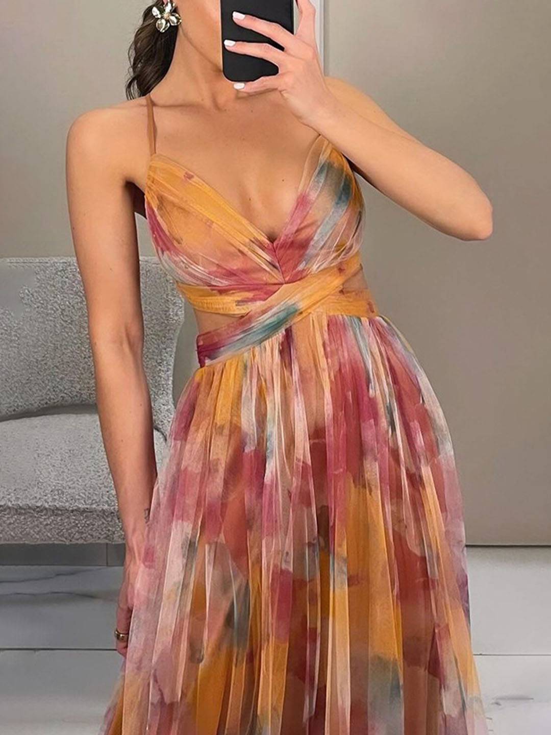 Cocolii robe longue tulle imprimé à fleurie v-cou découpes cross dos nu à fines brides sans manches élégant décontracté de plage