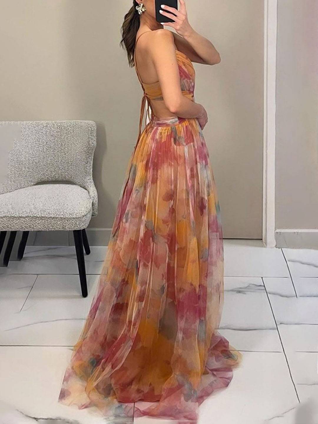 Cocolii robe longue tulle imprimé à fleurie v-cou découpes cross dos nu à fines brides sans manches élégant décontracté de plage