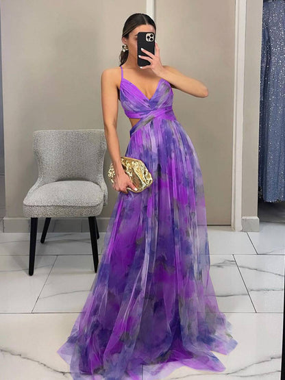 Cocolii robe longue tulle imprimé à fleurie v-cou découpes cross dos nu à fines brides sans manches élégant décontracté de plage