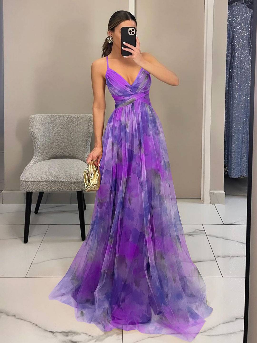 Cocolii robe longue tulle imprimé à fleurie v-cou découpes cross dos nu à fines brides sans manches élégant décontracté de plage