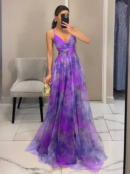 Cocolii robe longue tulle imprimé à fleurie v-cou découpes cross dos nu à fines brides sans manches élégant décontracté de plage