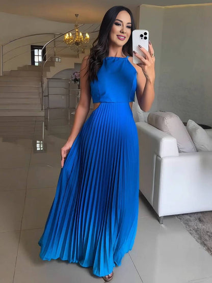 Cocolii robe longue licou plissé couleur dégradé découpes dos nu sans manches femme décontracté bal de promo de plage