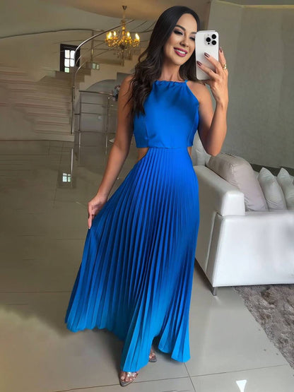 Cocolii robe longue licou plissé couleur dégradé découpes dos nu sans manches femme décontracté bal de promo de plage