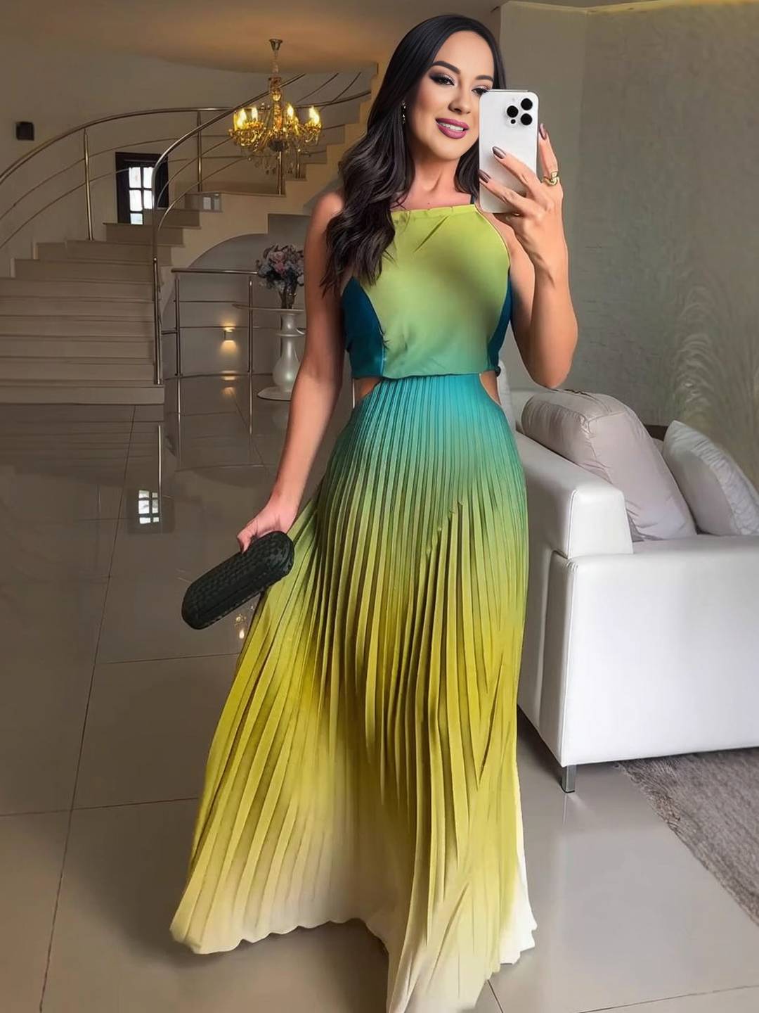 Cocolii robe longue licou plissé couleur dégradé découpes dos nu sans manches femme décontracté bal de promo de plage