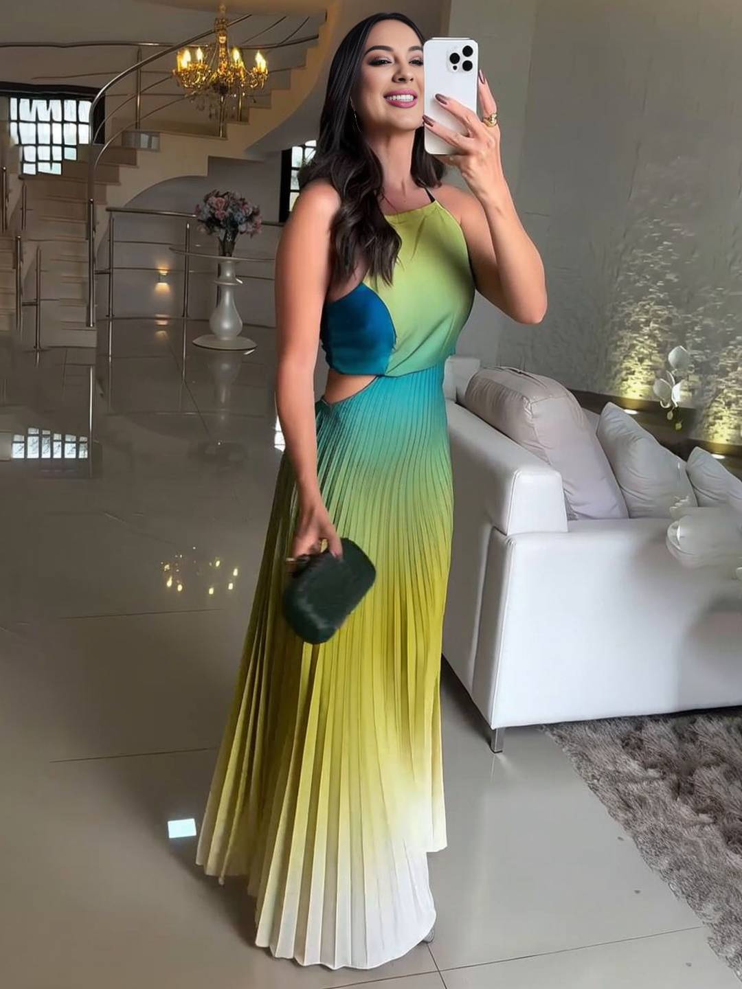 Cocolii robe longue licou plissé couleur dégradé découpes dos nu sans manches femme décontracté bal de promo de plage