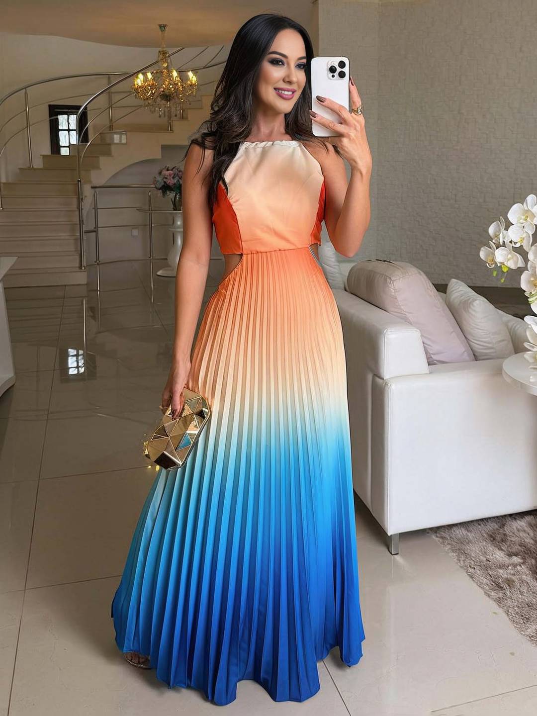 Cocolii robe longue licou plissé couleur dégradé découpes dos nu sans manches femme décontracté bal de promo de plage