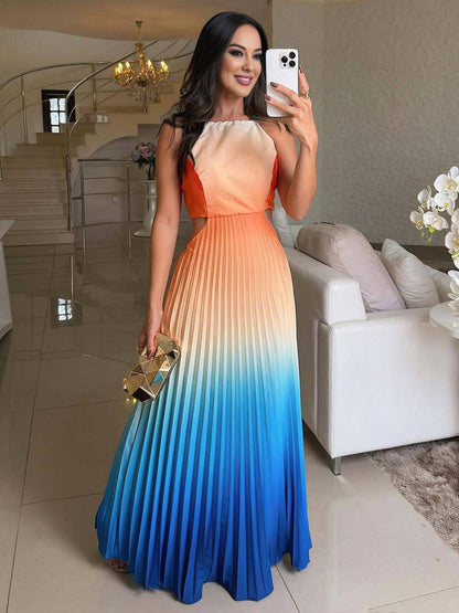 Cocolii robe longue licou plissé couleur dégradé découpes dos nu sans manches femme décontracté bal de promo de plage