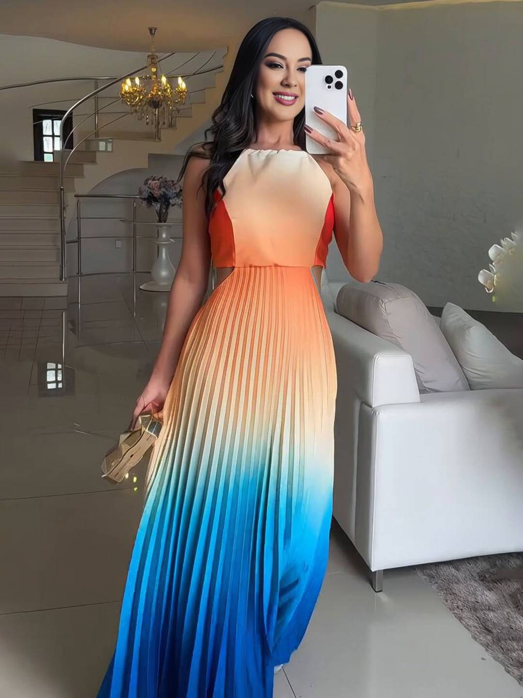 Cocolii robe longue licou plissé couleur dégradé découpes dos nu sans manches femme décontracté bal de promo de plage