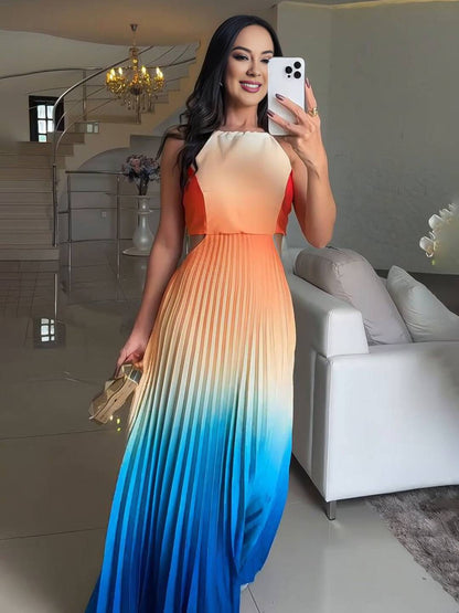 Cocolii robe longue licou plissé couleur dégradé découpes dos nu sans manches femme décontracté bal de promo de plage